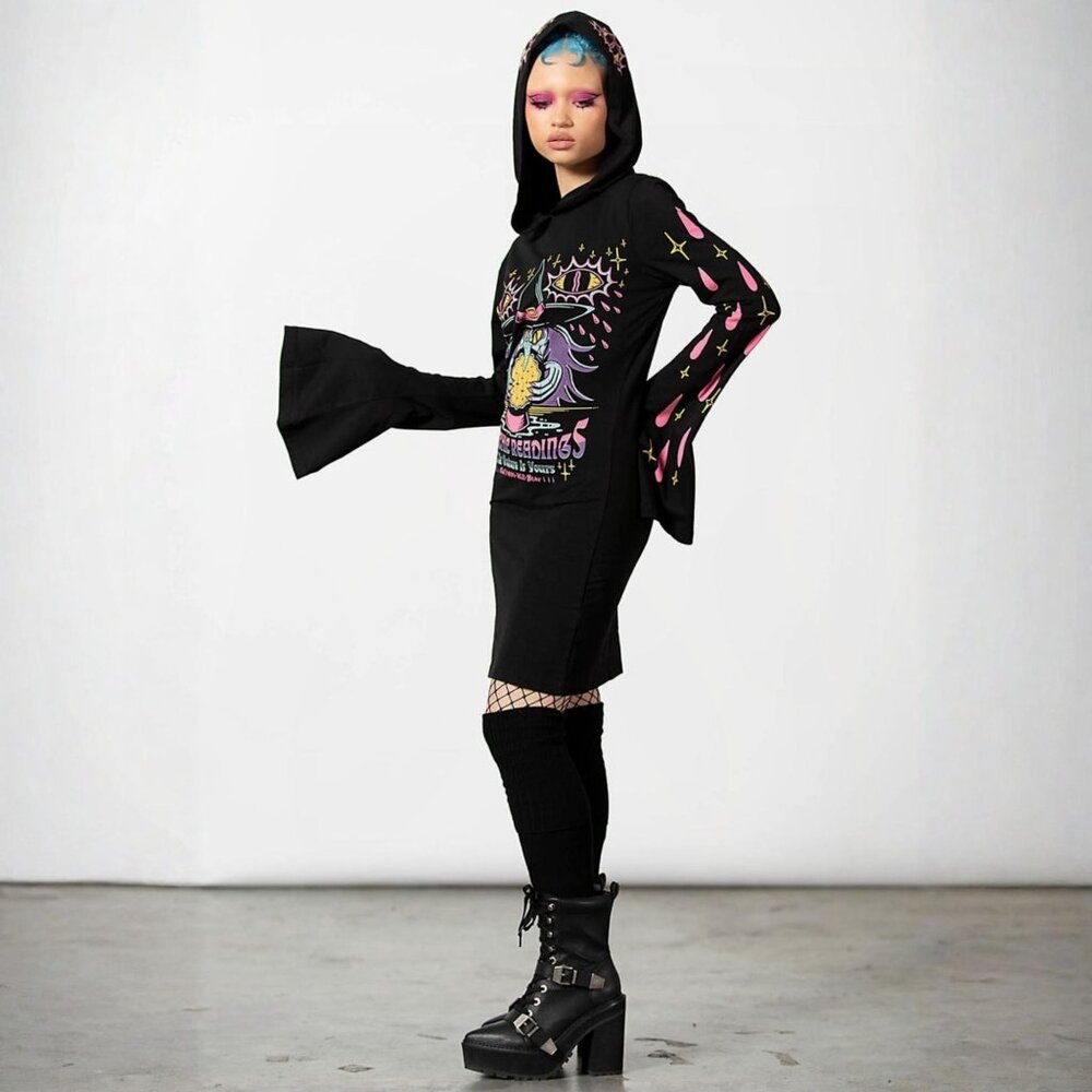 Killstar ✦ Crystal Gazer Hooded Dress ✦ Black Psychic Graphic Bell Sleeves M NWT - Picture 3 of 10